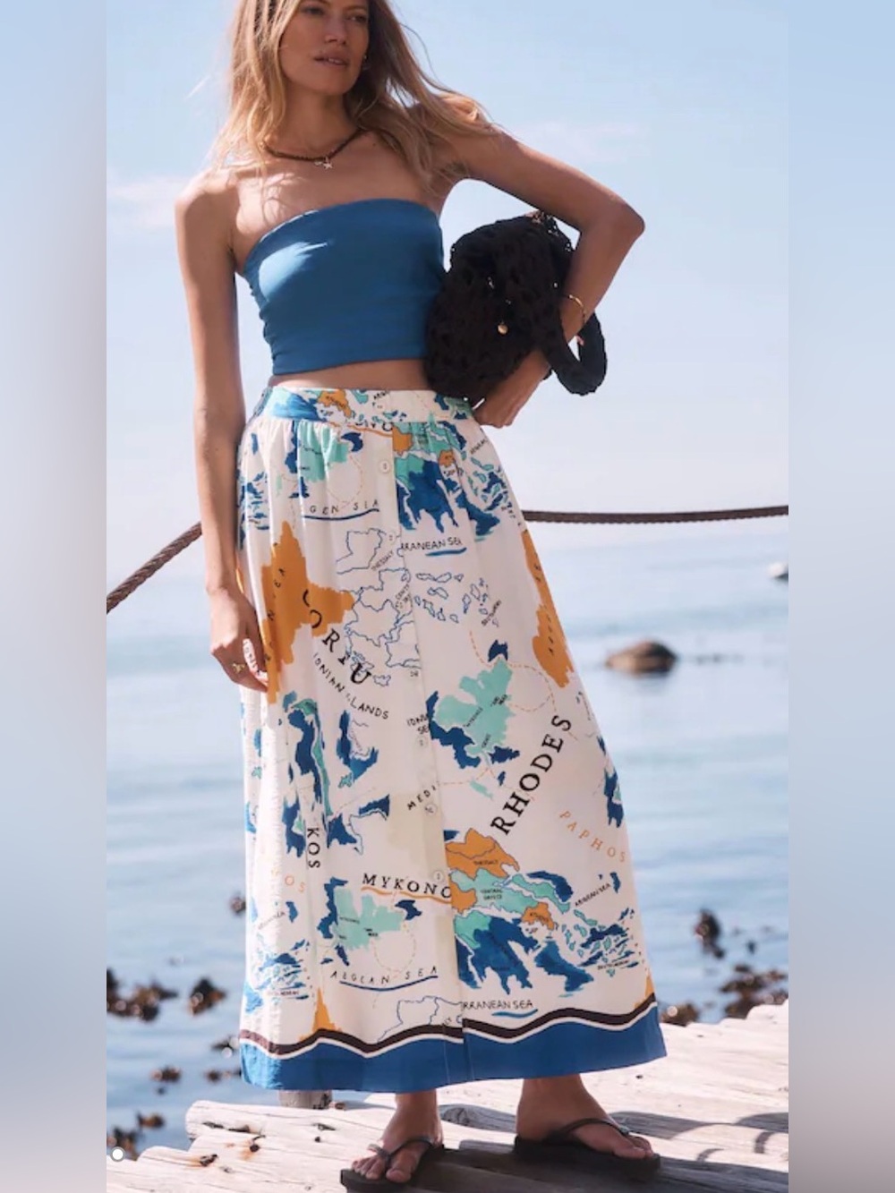 White Map Print Button Front Maxi Skirt NEXT 12 Pockets Blue Resort NWOT $93